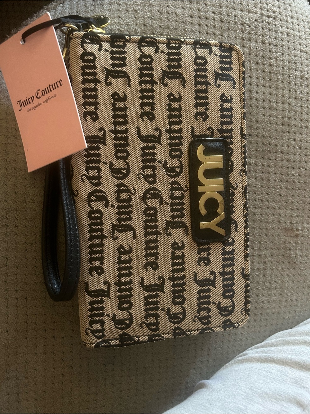 Juicy Couture Beige Canvas Logo Wristlet with Black Trim